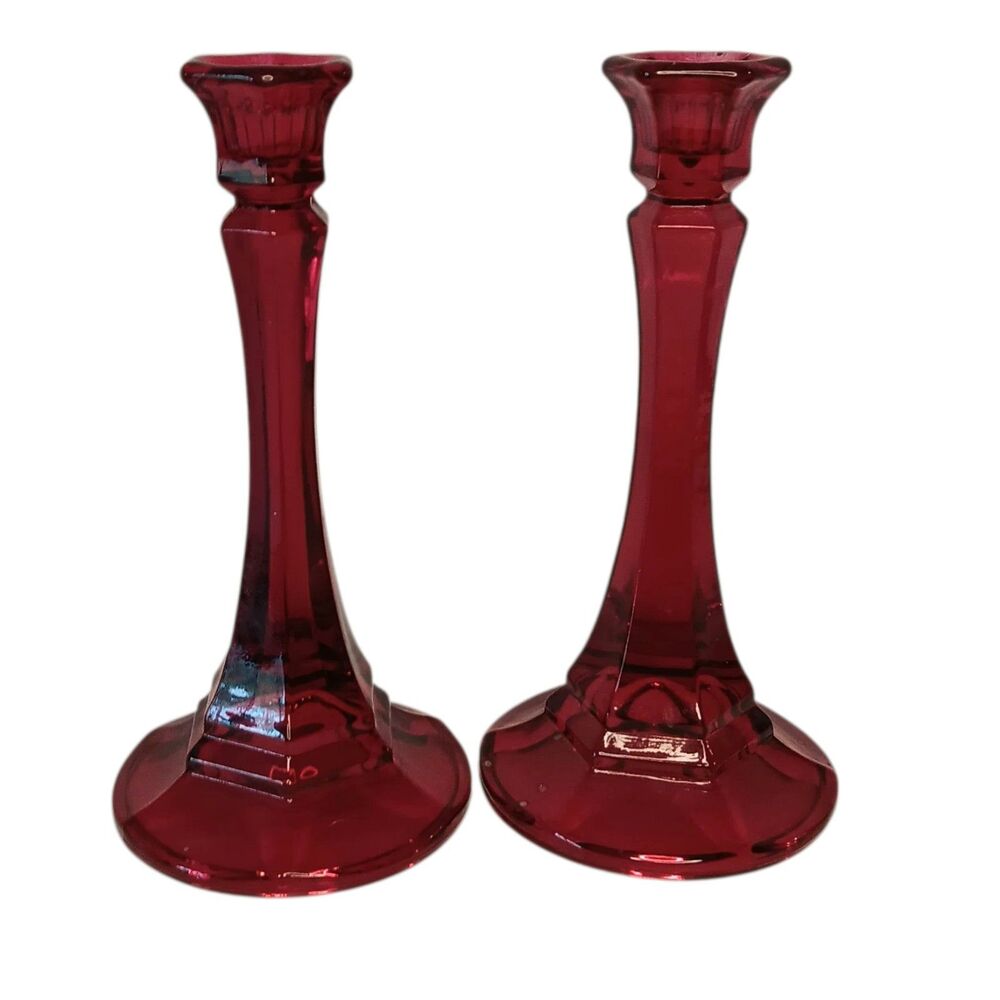 Vintage Glass Taper Candleholders Ruby Red Or Cranberry Set Of Two 7.5" Holiday